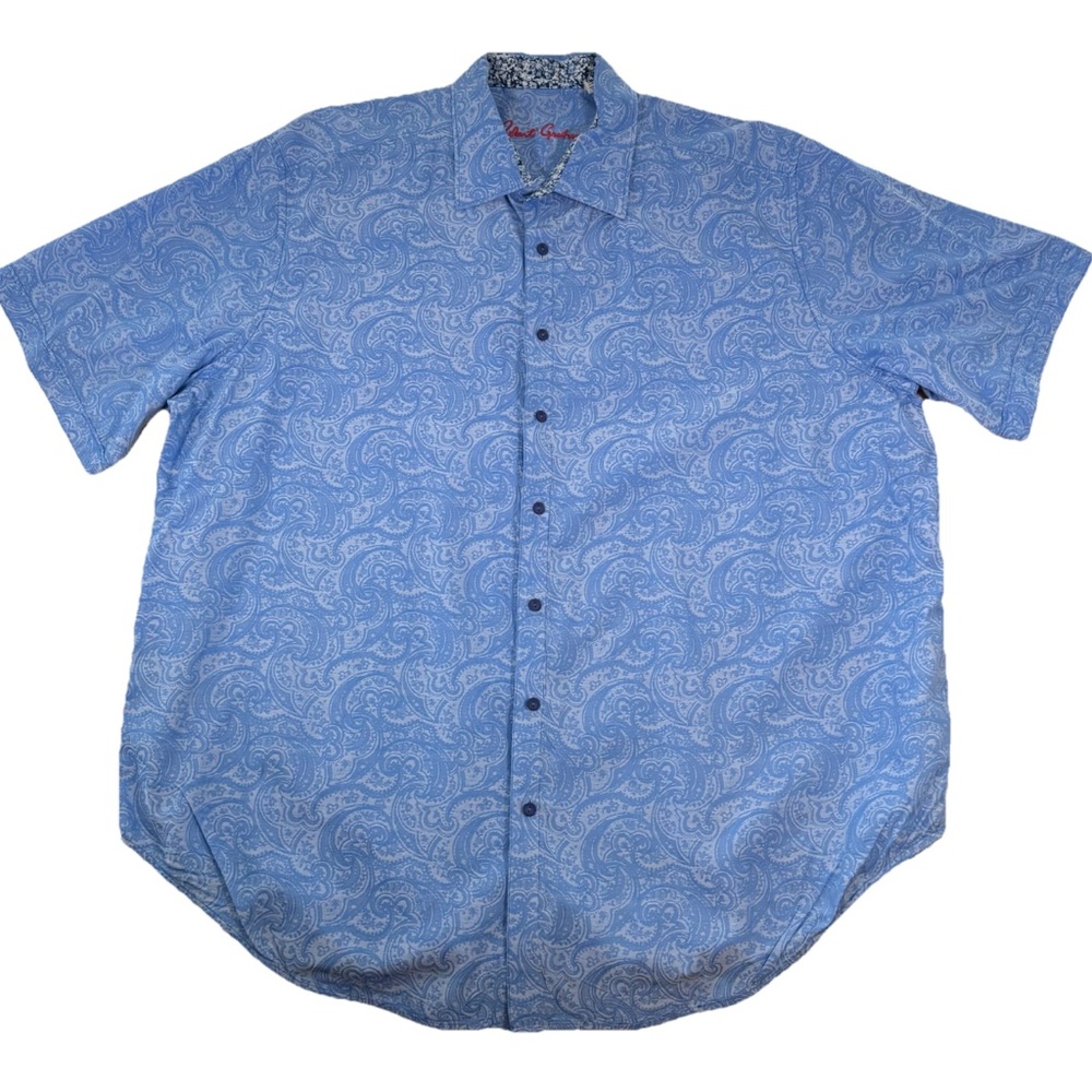 Light Baby Blue Paisley Robert Graham Short‎ Sleeve Button Down Shirt Size 2XL